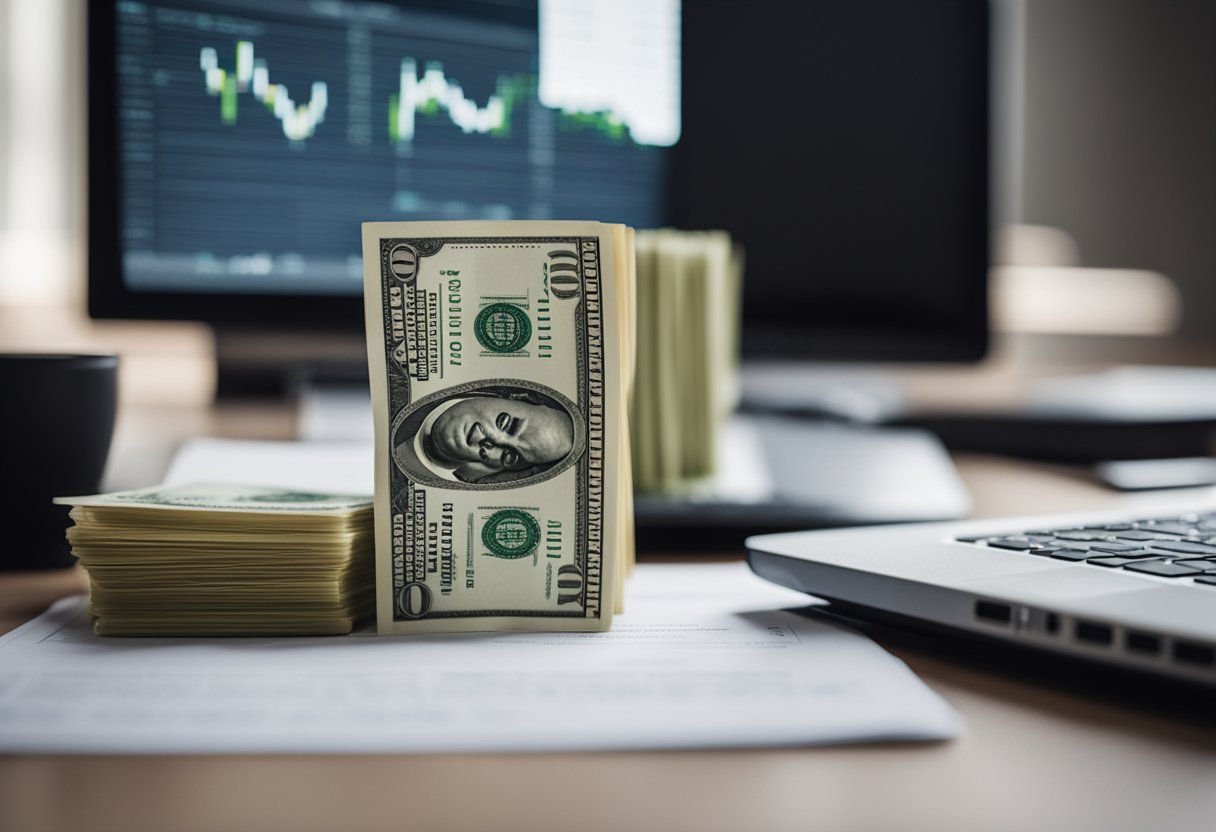 A stack of $100 bills sits on a sleek, modern desk with a laptop and charts in the background, symbolizing the start of a passive investing journey with robo-advisors