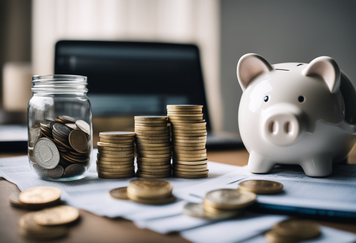 A stack of money sits on a table, next to a computer showing investment options. A piggy bank and a jar of coins are nearby. The scene exudes a sense of financial growth and security