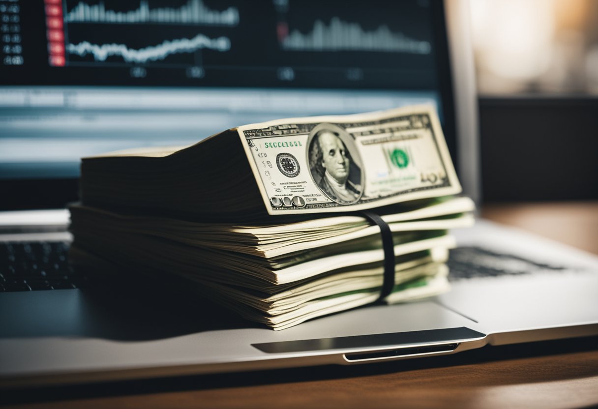 A stack of dollar bills sits on a table, next to a laptop displaying a graph of stock prices. A book on passive investing lies open nearby