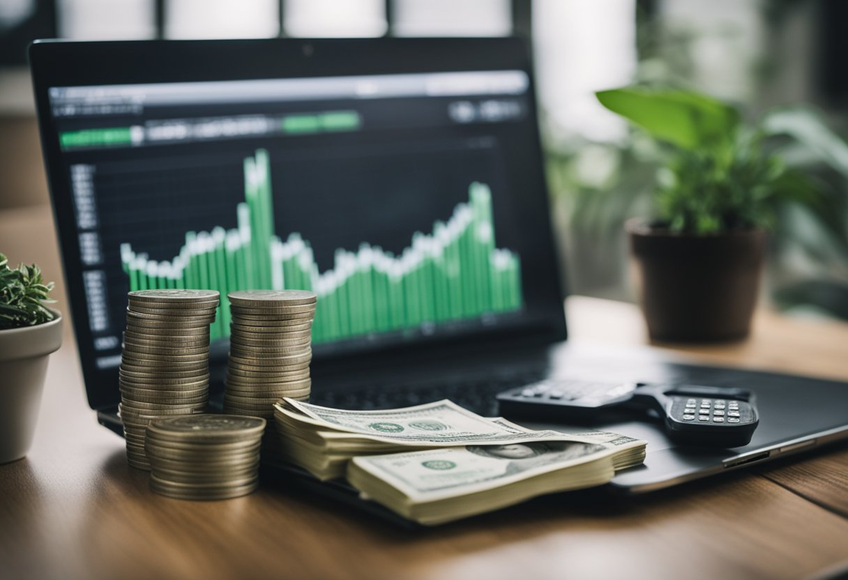 A stack of money sits on a table, surrounded by investment books and charts. A laptop displays stock market data, while a plant adds a touch of greenery to the scene