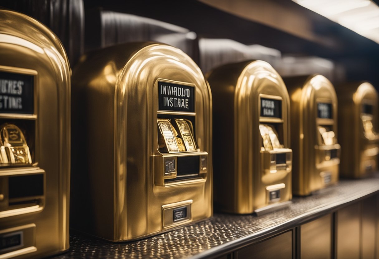 A row of quirky vending machines, dispensing unusual items like gold bars and rare collectibles, with a sign reading "25 Oddest Ways That Investors Became Millionaires Without Investing in Wall Street" displayed prominently