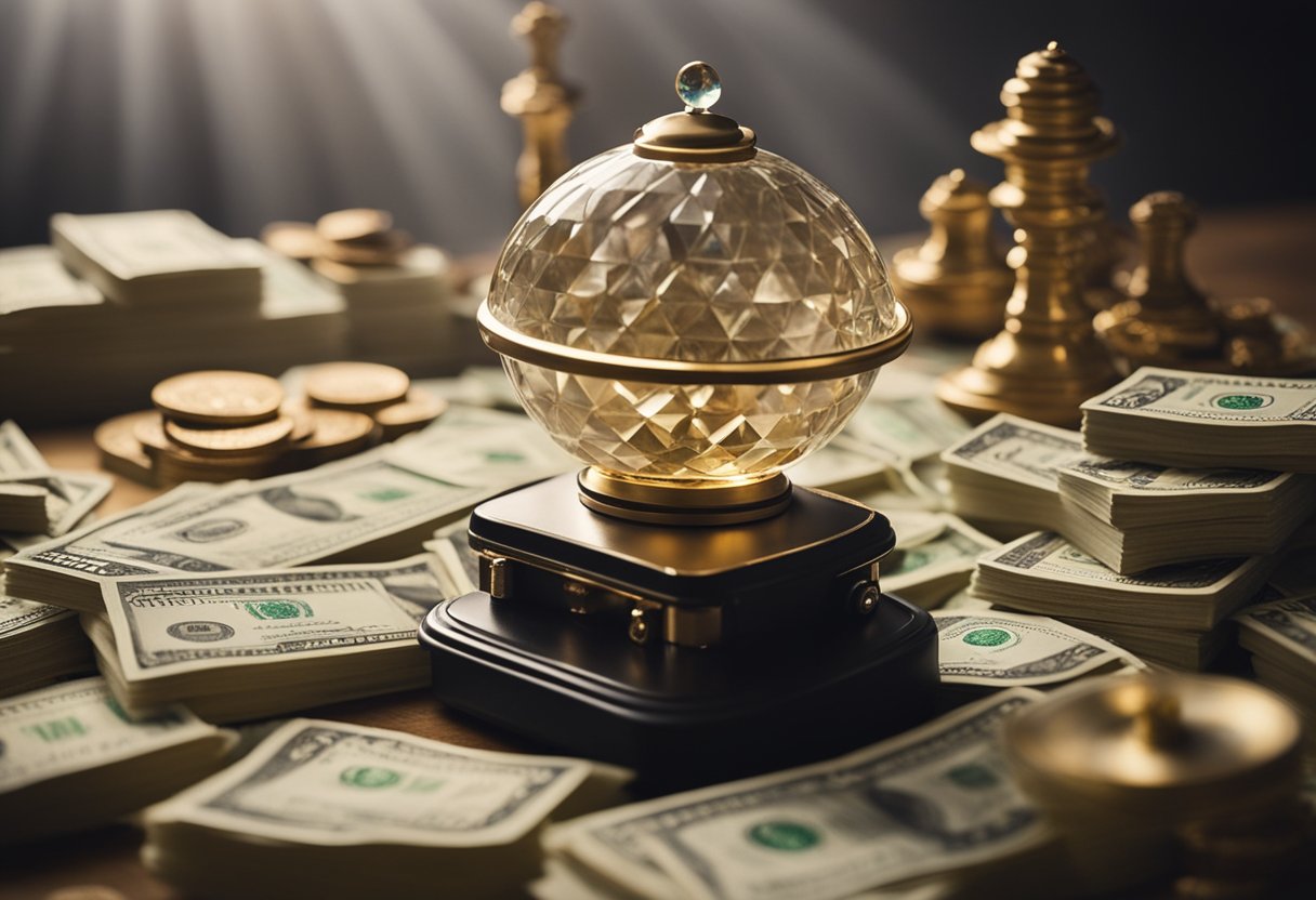 A smartphone surrounded by stacks of money and quirky objects, like a magic lamp and a crystal ball, symbolizing unconventional paths to wealth