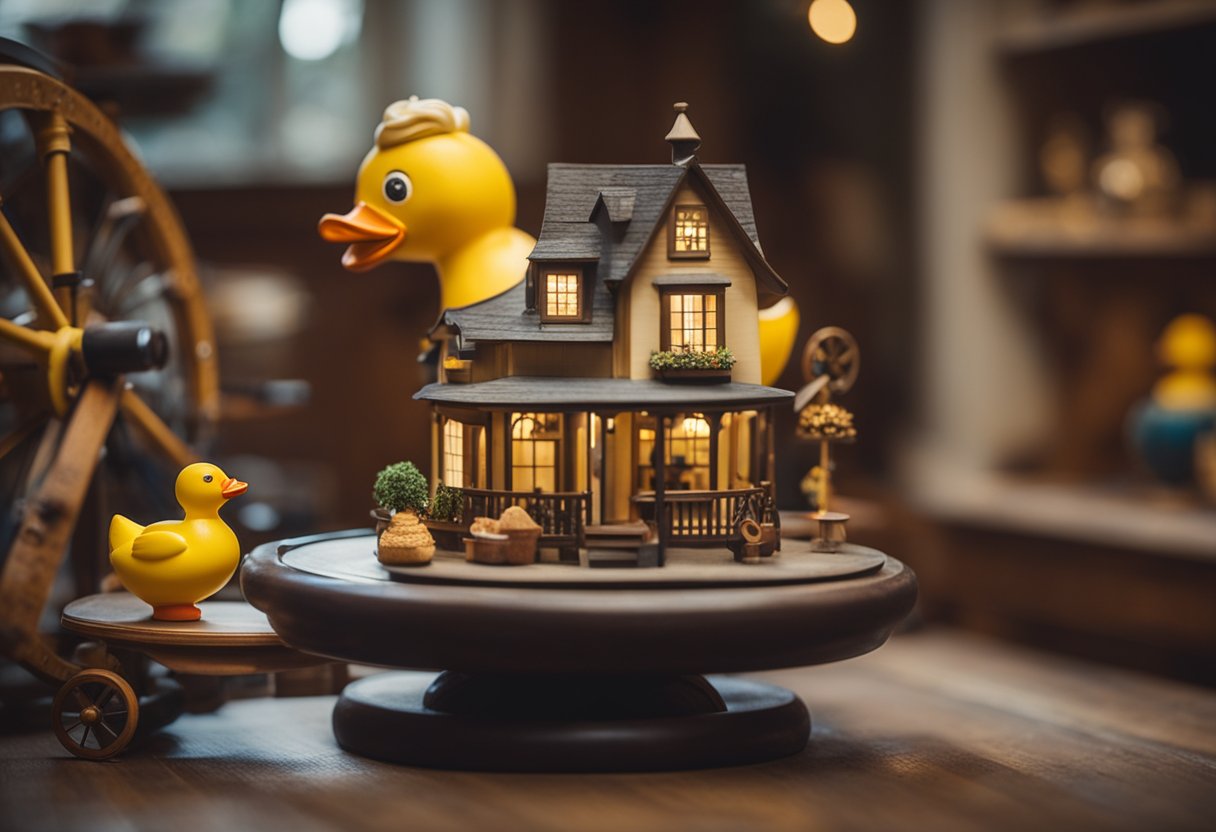 A quirky house on a spinning wheel, surrounded by various unusual objects like a giant rubber duck and a vintage carousel horse
