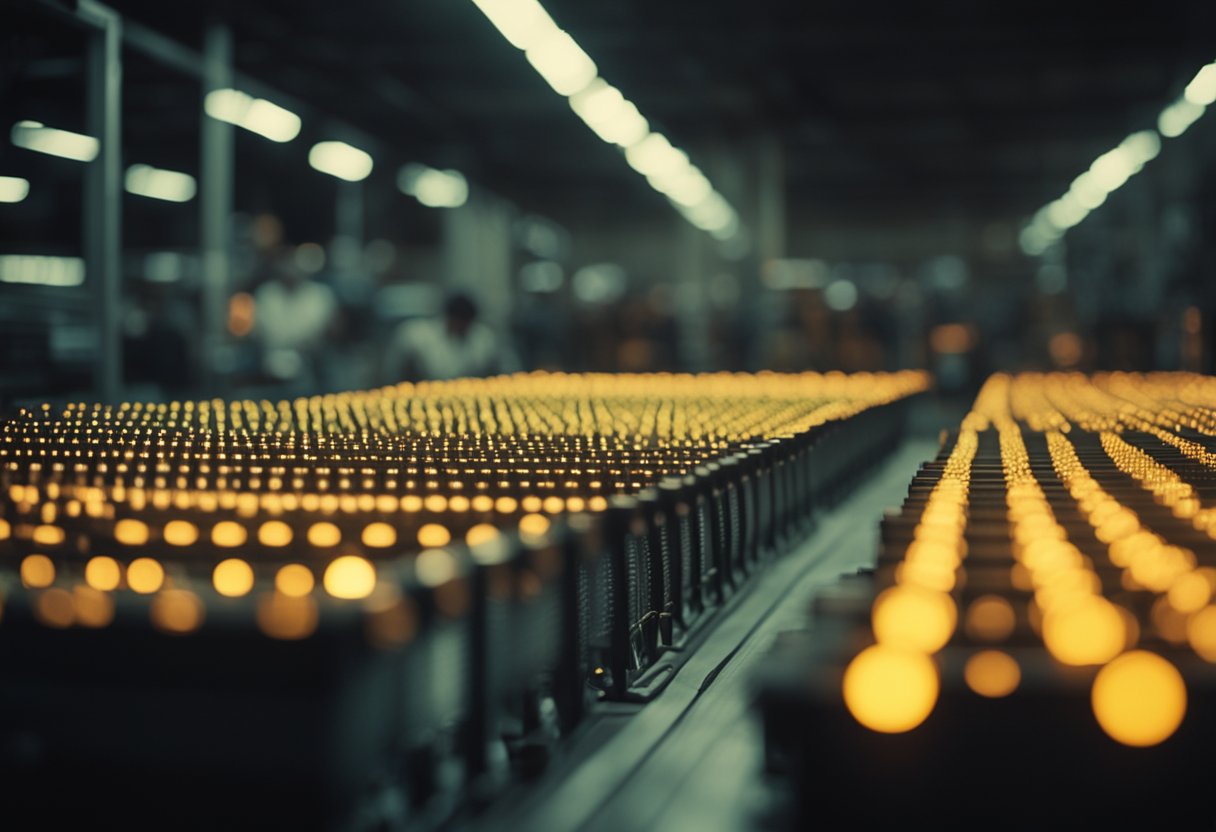 A warehouse filled with rows of powerful computers humming as they mine cryptocurrency. The room is dimly lit with colorful LED lights flashing and glowing