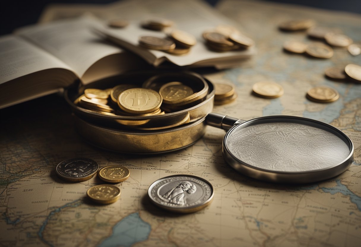 A table covered in rare coins, magnifying glass, and investment books. A safe filled with valuable coins. A map of the world with pins marking coin discoveries