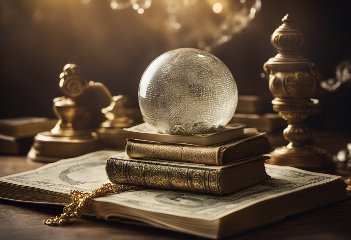 A stack of money grows out of a book, surrounded by various unconventional symbols of wealth: a lottery ticket, a treasure map, a lucky charm, and a crystal ball