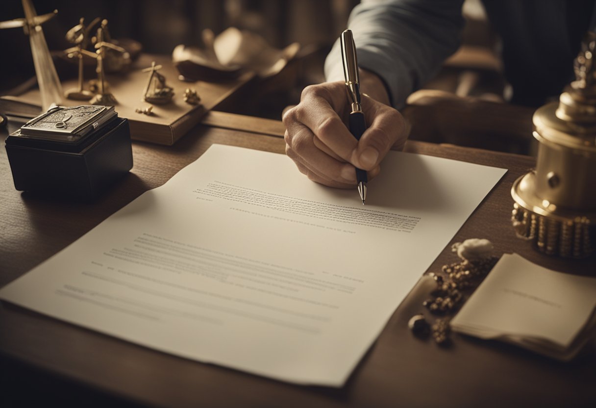 A person signing a contract for a piece of land, surrounded by quirky items symbolizing unconventional wealth