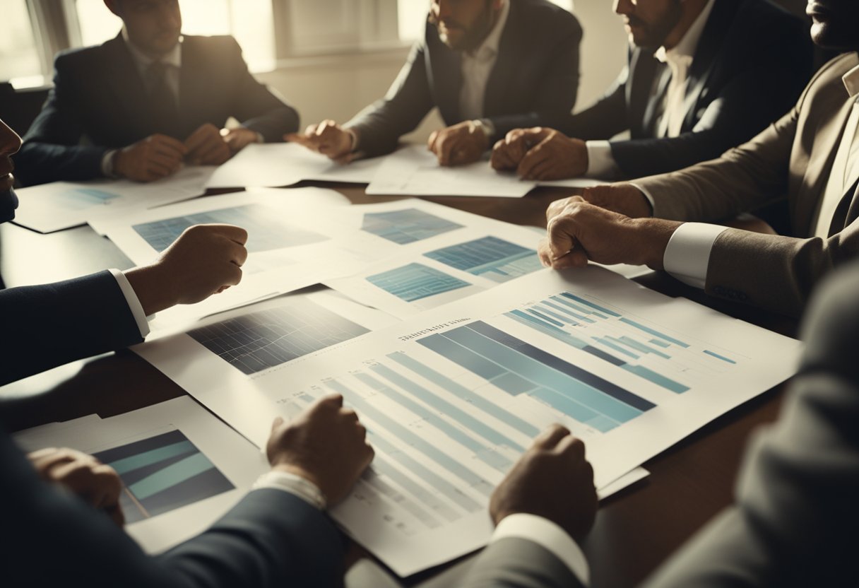 A group of diverse individuals gather around a table, discussing private equity investments. Charts and graphs are spread out, showing unconventional paths to millionaire status