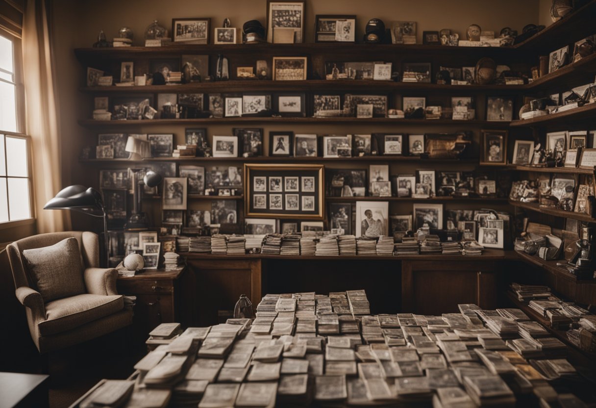 A cluttered room filled with shelves of sports memorabilia, including signed jerseys, baseballs, and trading cards. A wall displays framed newspaper articles about unconventional millionaires