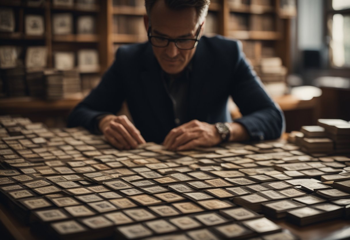 A room filled with rare and valuable stamps, arranged neatly on display. A person carefully examines each stamp, surrounded by books and catalogs on the subject