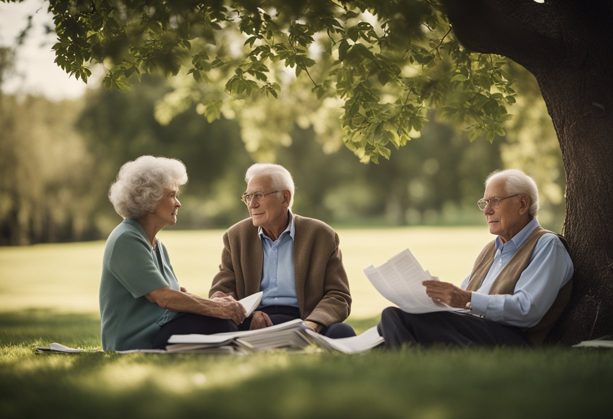 A serene, elderly couple sits under a tree, surrounded by financial documents. A calculator and notebook lay open, as they discuss the benefits of the 6% retirement rule