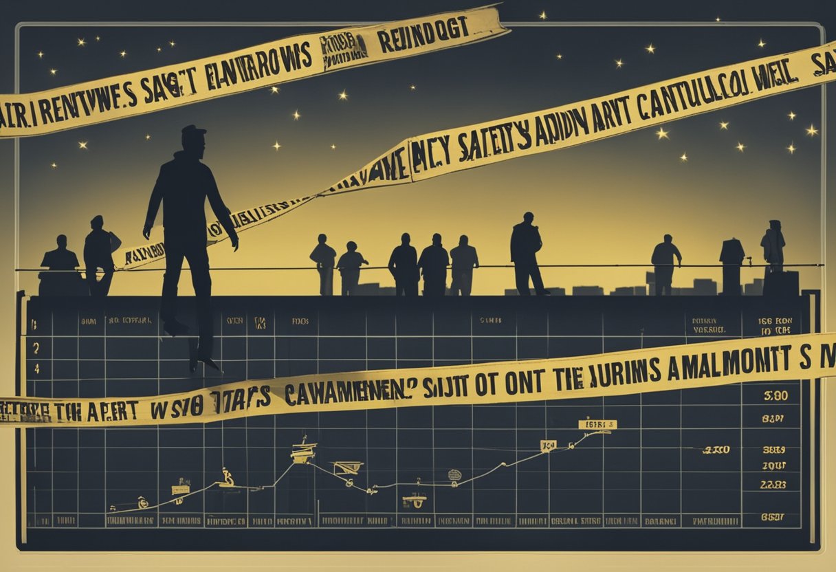 A person standing on a tightrope with a safety net below, surrounded by warning signs and caution tape. A calculator and retirement savings chart are in the background