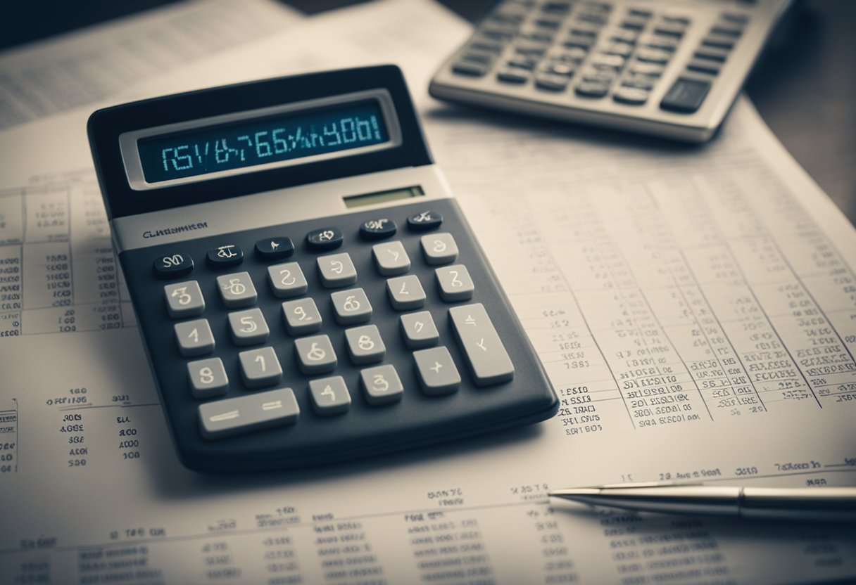 A calculator displaying 6% with retirement savings and income graphs in the background