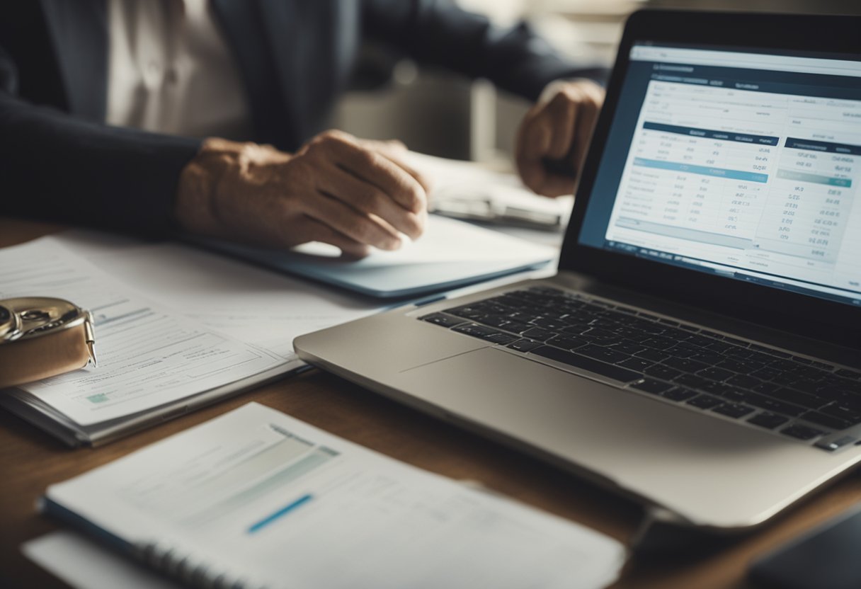 A table with financial documents, a calculator, and a laptop open to a retirement planning website. A person taking notes and highlighting key information