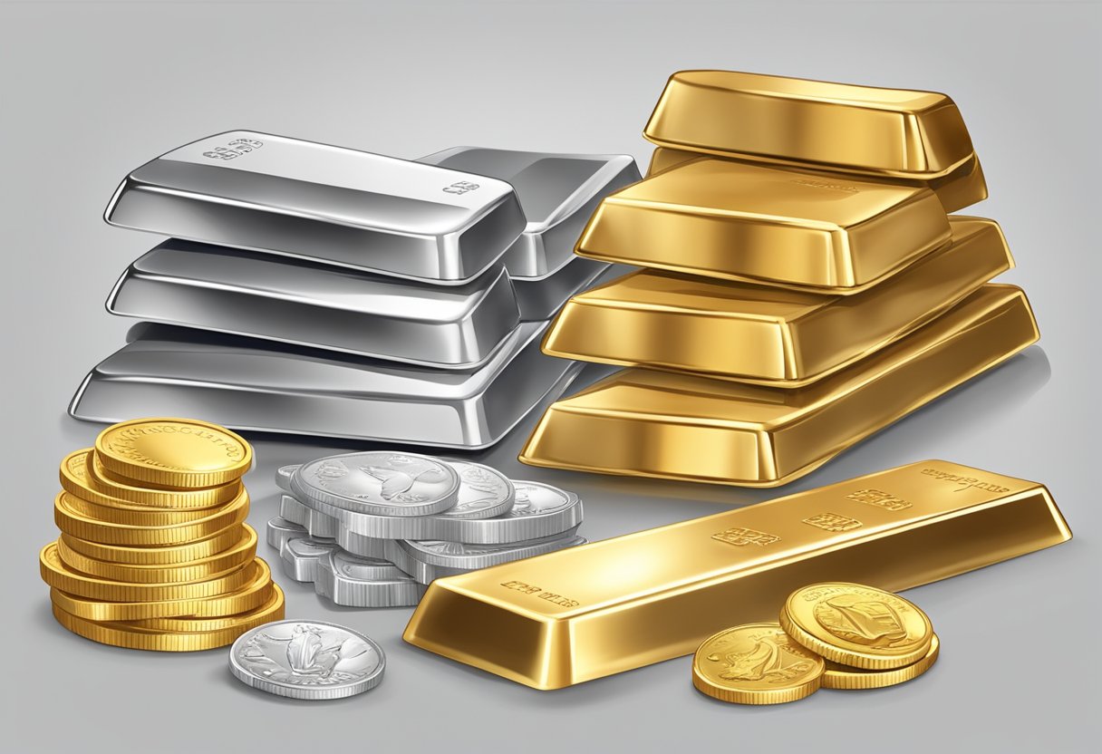 A stack of gold bars, a row of silver coins, a pile of platinum ingots, and a collection of precious metal jewelry displayed on a table