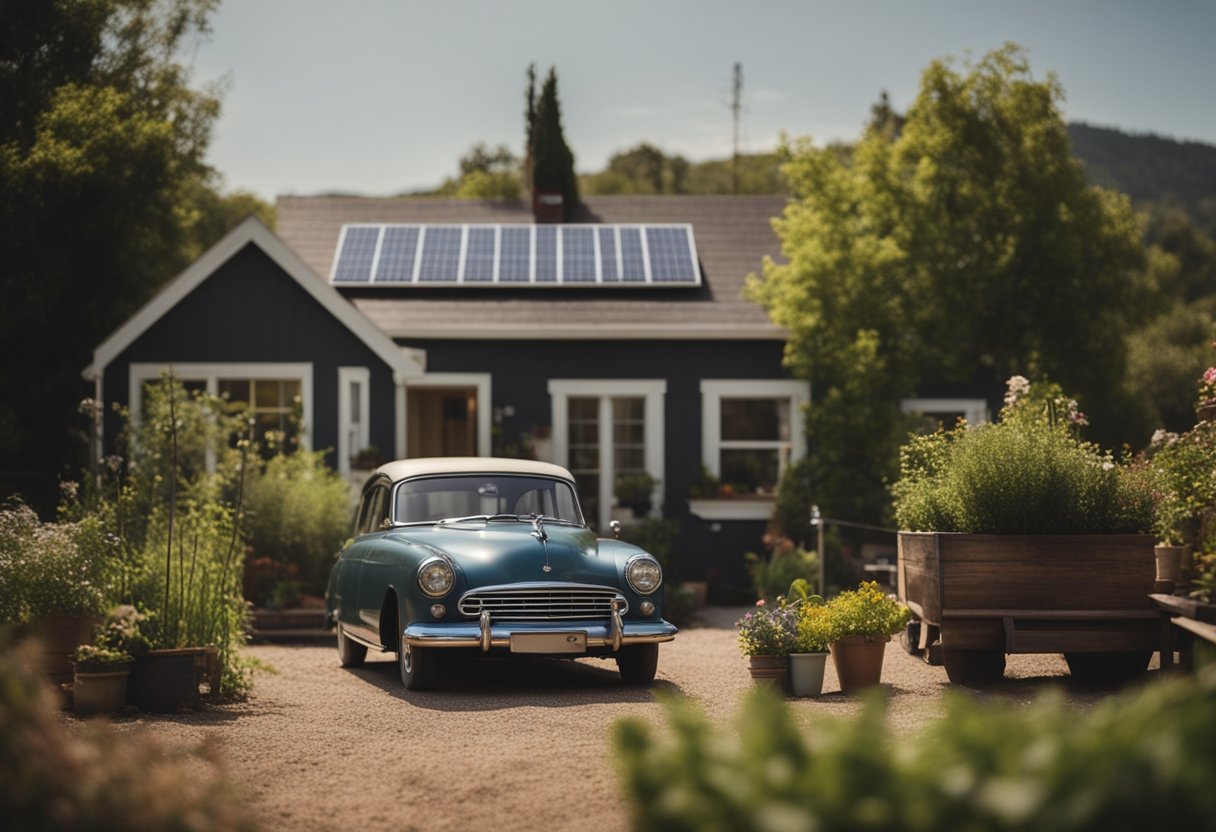 A cozy, modest home with a vegetable garden, solar panels, and a small, efficient car parked in the driveway. The scene exudes simplicity and sustainability