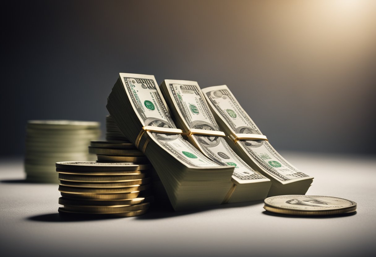 A stack of money grows larger over time, symbolizing the power of compound interest in your 40s. Graphs and charts show exponential growth