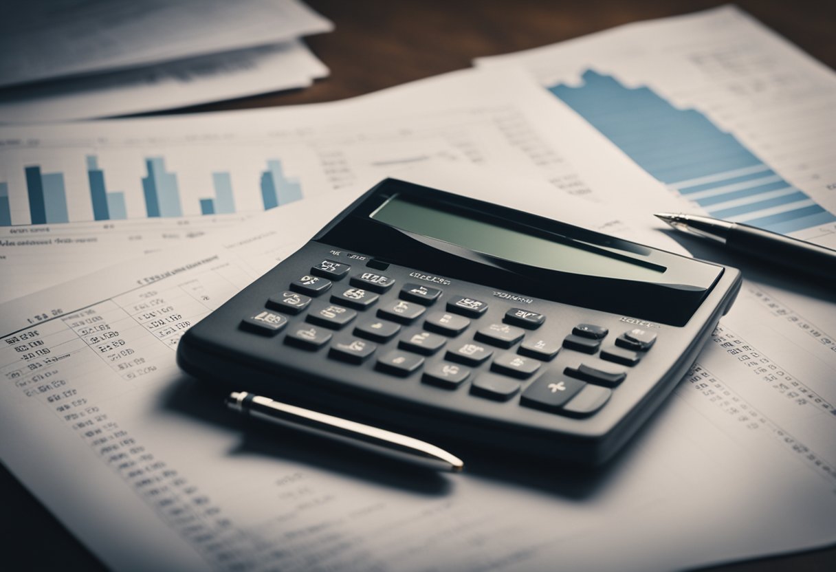 A stack of financial documents and charts, surrounded by a calculator and pen. A graph showing exponential growth sits prominently in the center