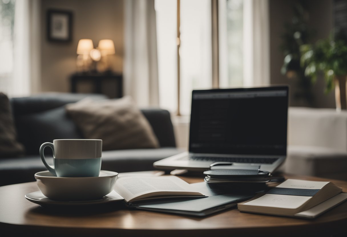 A cozy living room with a laptop open to a financial planning website, a stack of books on retirement strategies, and a cup of coffee on the table. A calendar on the wall marks the date for a retirement seminar