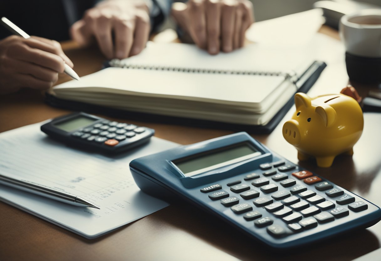 A table with financial documents, calculator, and a piggy bank on a desk. A person writing in a notebook with the title "Preparing for Unexpected Expenses Strategies for Retiring on $3,000 a Month" on the cover
