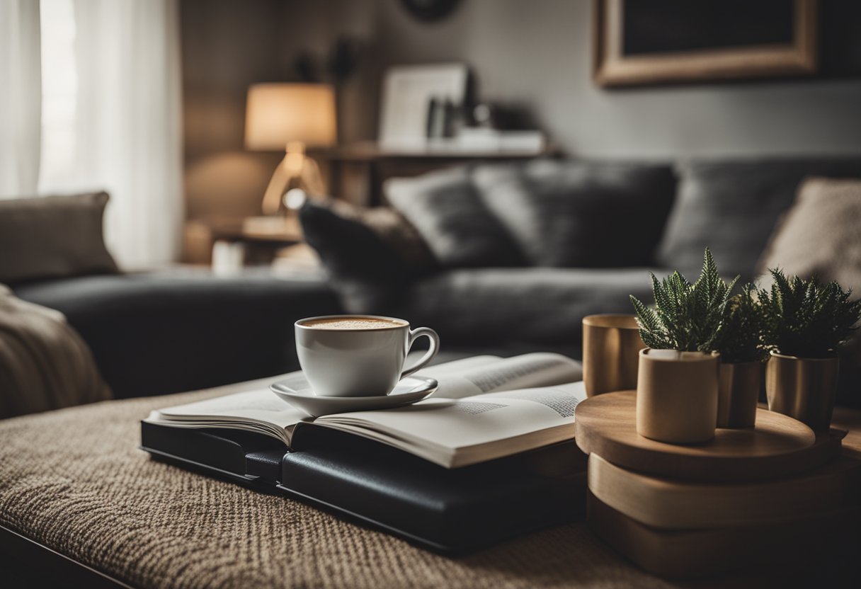 A cozy living room with a budget planner open on a coffee table, a laptop displaying investment options, and a stack of financial books on the shelf