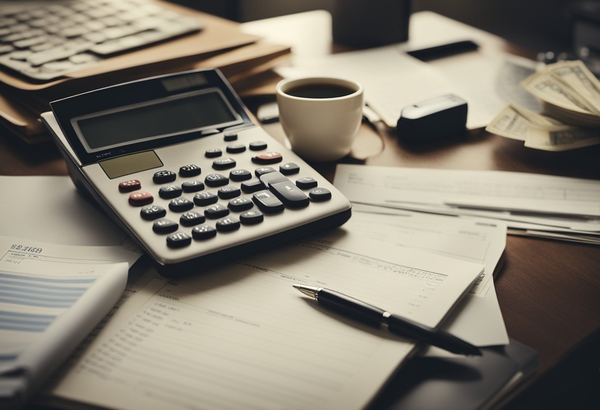 A desk cluttered with financial documents and calculators, with a blank notebook ready to be filled with retirement savings plans