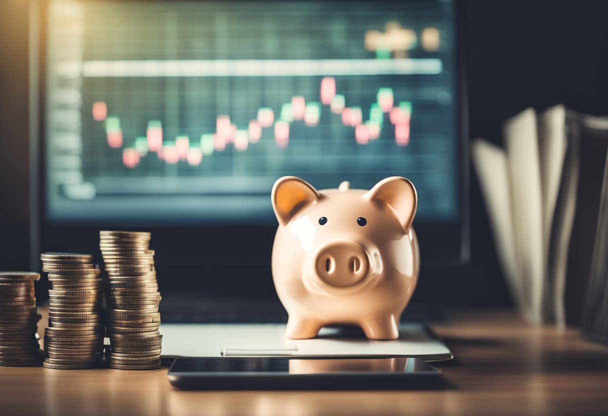 A desk with a laptop and financial documents. A graph showing savings growth over time. A piggy bank and investment books on a shelf