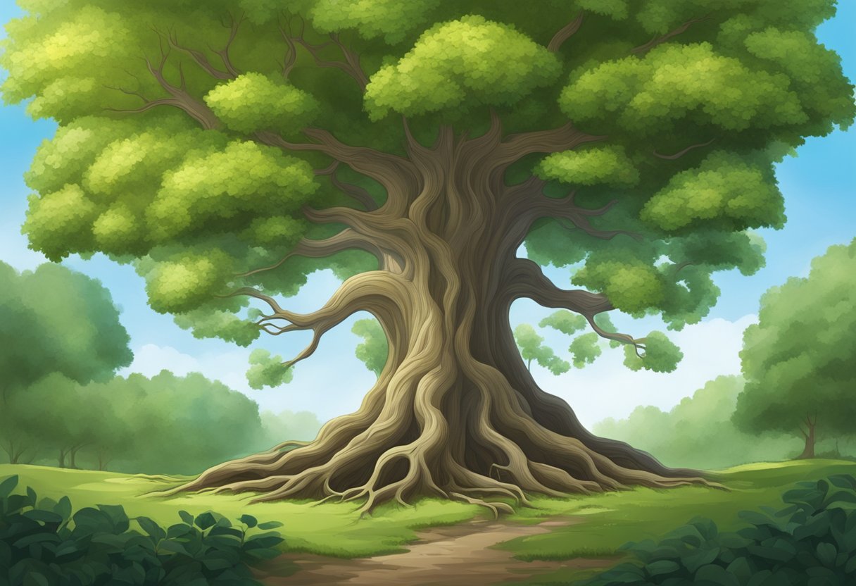 A tree with deep roots growing steadily, surrounded by a stable and flourishing environment