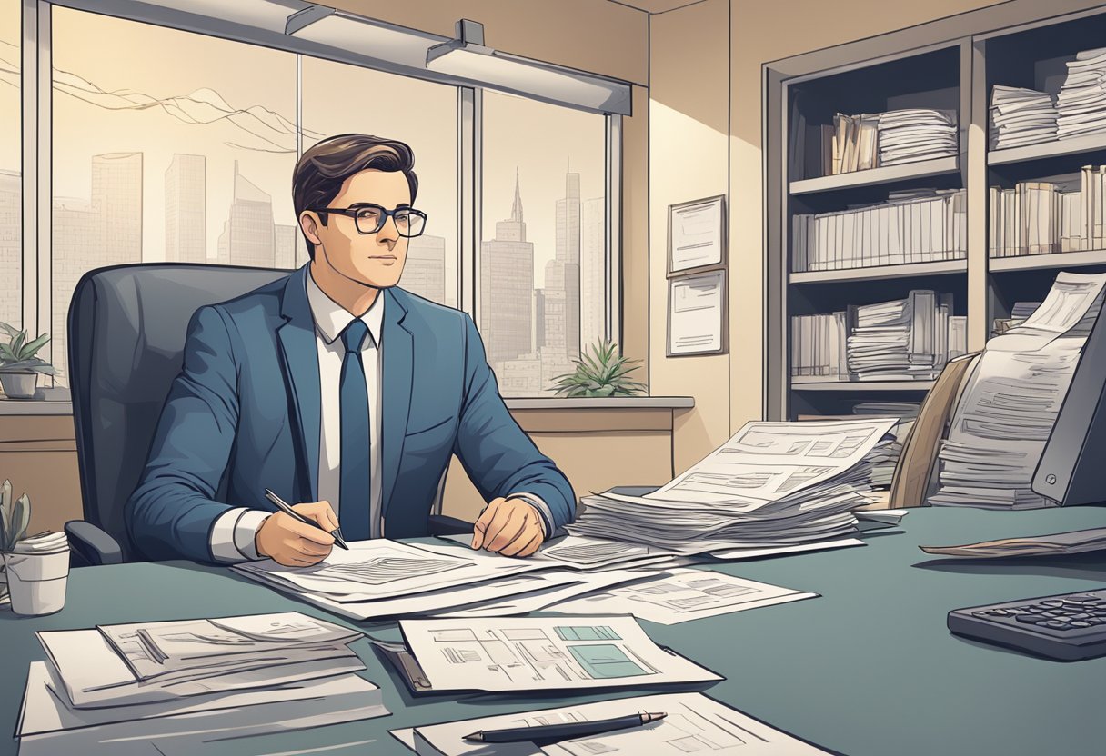 A serene and confident individual sits at a desk, surrounded by financial documents and charts. They are engaged in a deep conversation with a financial advisor, who is explaining the concept of infinite banking. The atmosphere is professional and focused