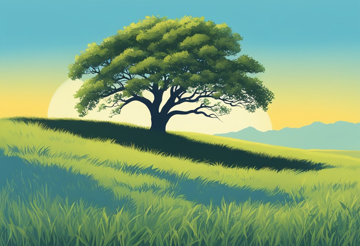 A serene, open field with a lone oak tree standing tall against a clear blue sky. The tree's branches reach out, casting a peaceful shadow on the grass below