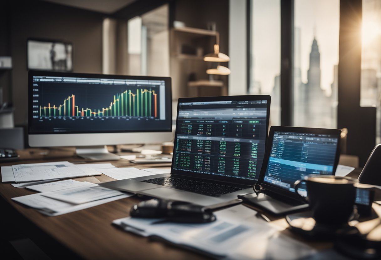 A desk with various investment options spread out, including stocks, bonds, and real estate. Charts and graphs showing risk and reward