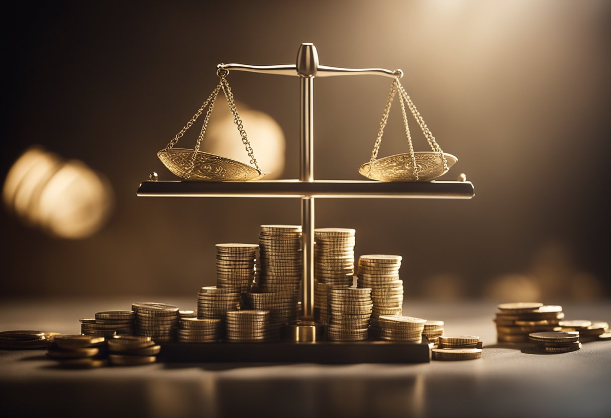 A scale with a stack of coins on one side and a stack of risk symbols on the other, with a balancing beam in the middle