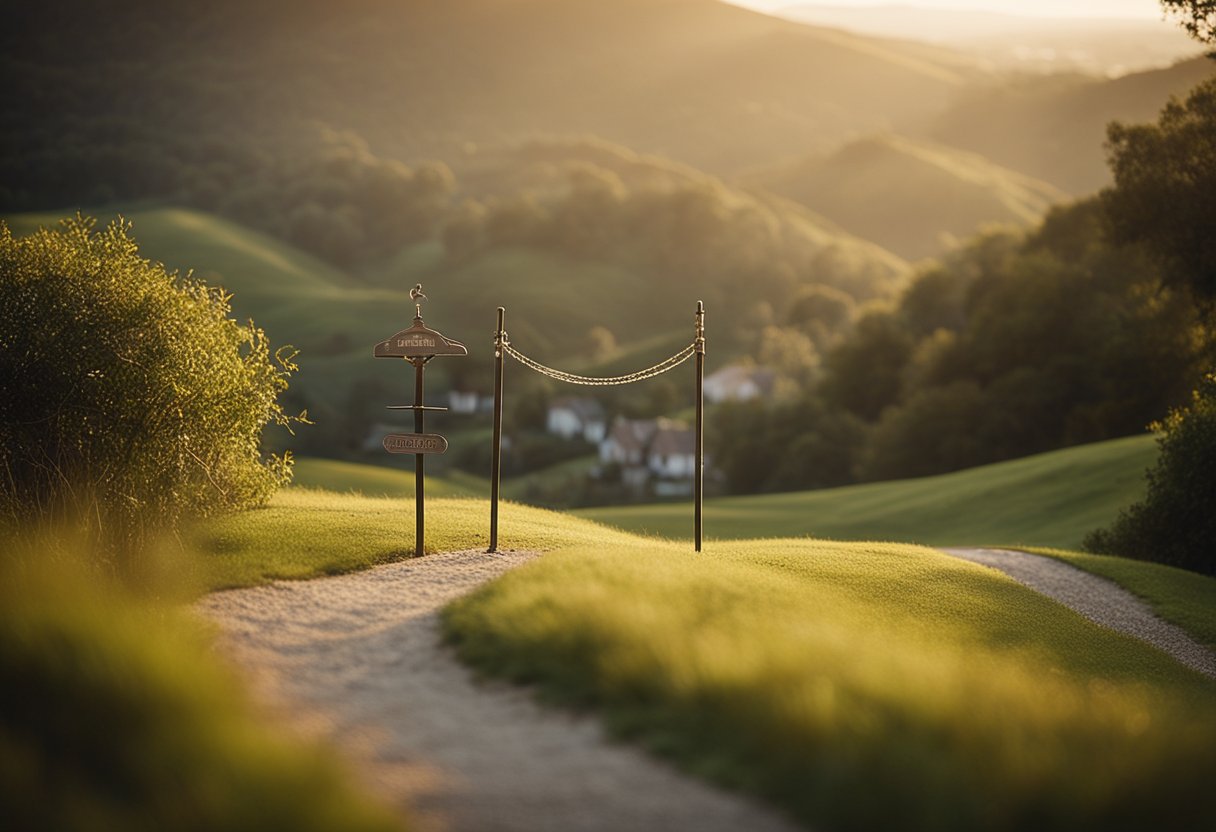 A serene, sunlit landscape with a winding path leading to a peaceful retirement destination. A balance scale symbolizes the need to balance risk and reward in retirement investments