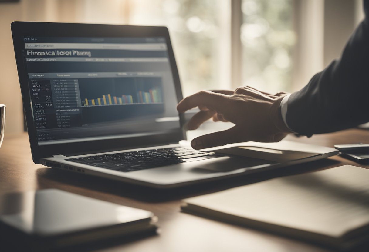 A desk with a laptop, financial documents, and a calculator. A person's hand reaching for a pen. A bookshelf with books on financial planning. A motivational poster on the wall
