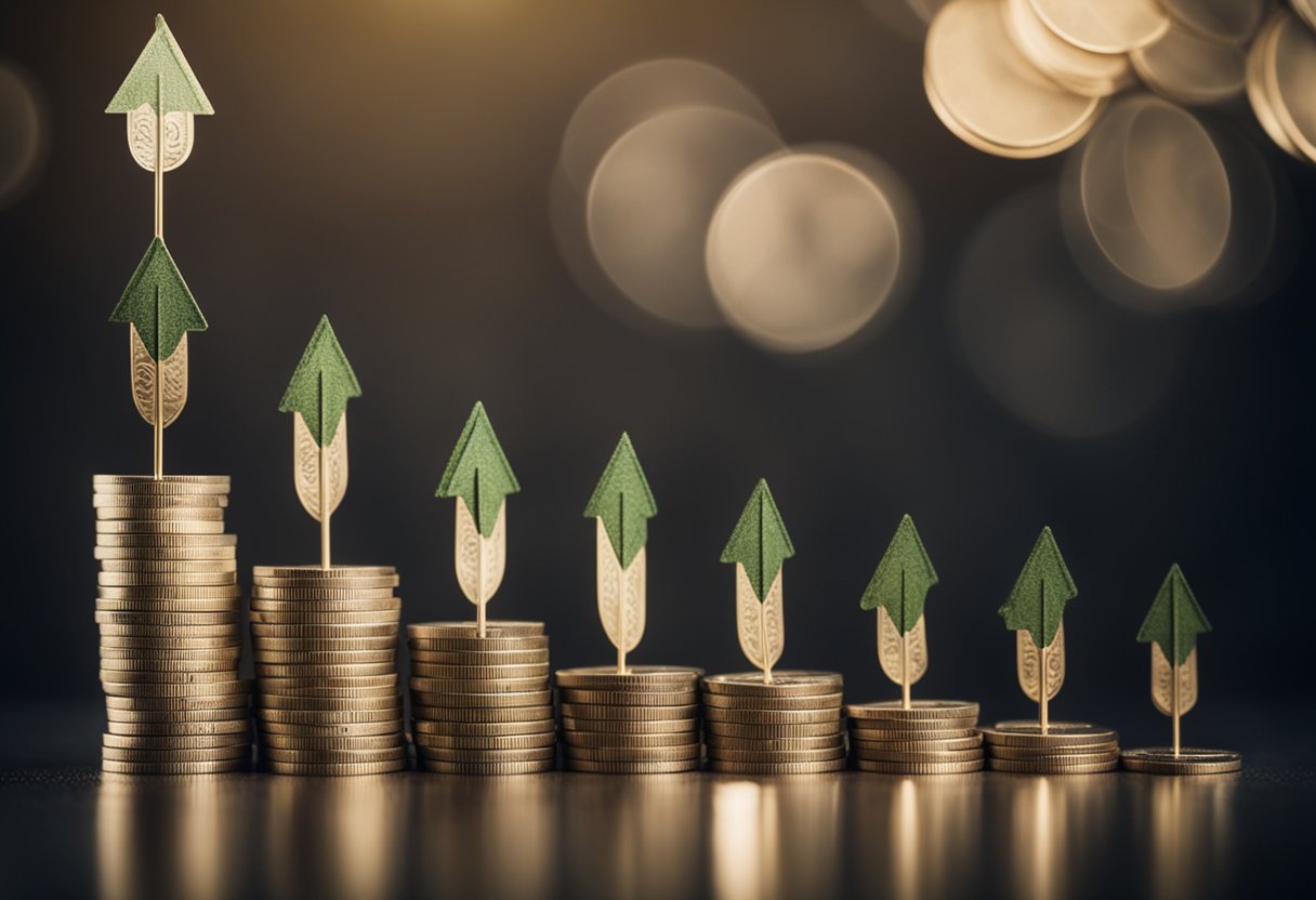 A stack of money grows taller as a hand drops coins into a retirement fund, while arrows point upward symbolizing increasing income after 40