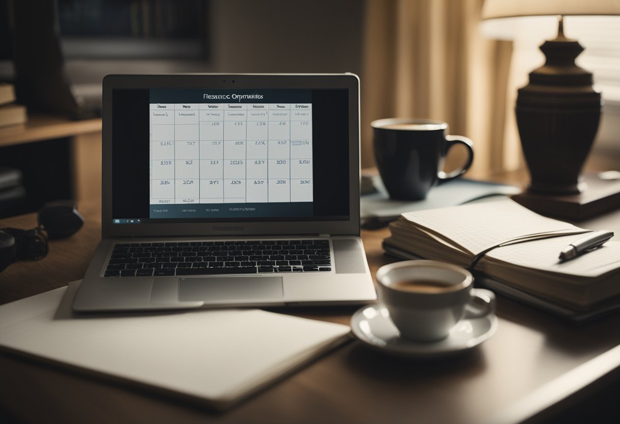 A desk with a laptop, coffee mug, and notepad. A calendar displaying "freelance opportunities" and "Maximizing Your Income After 40: 10 Strategies That Work". A stack of books on personal finance and business