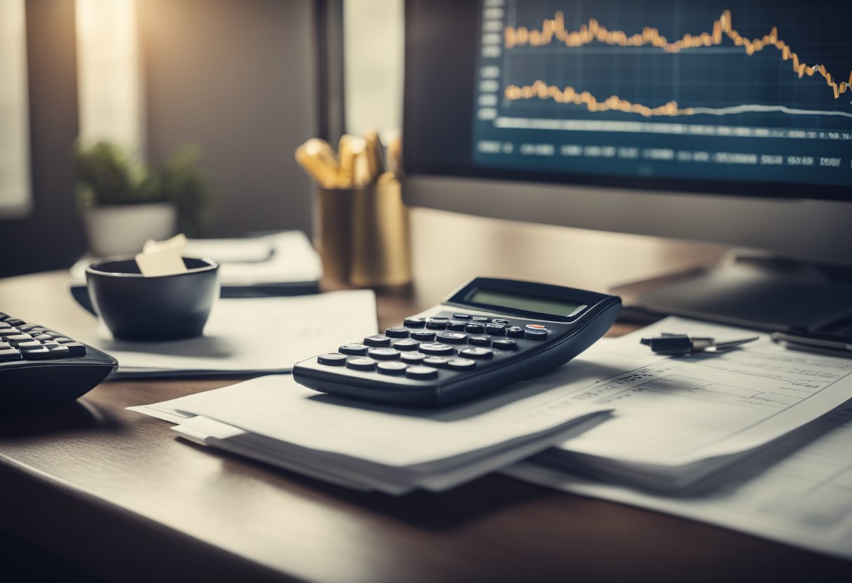 A desk with a laptop, calculator, and financial documents. A chart showing income growth after age 40. Money-saving strategies highlighted