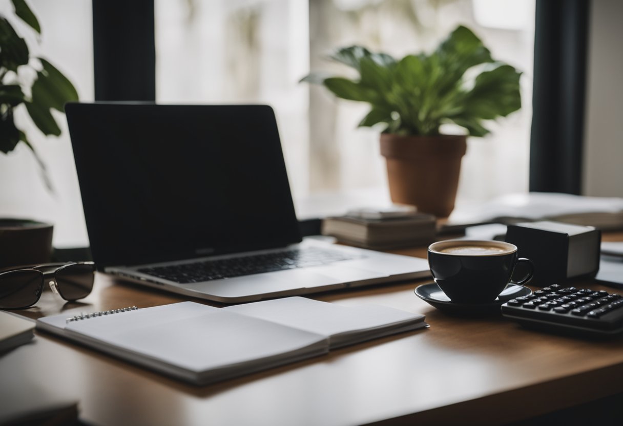 A desk with a laptop, books, and a notepad. A calendar showing the date. A calculator and financial documents. A cup of coffee and a plant on the desk