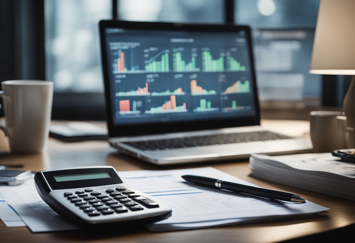 A desk with a computer and financial documents, surrounded by charts and graphs. A calculator and pen sit nearby, with a cup of coffee. The scene is organized and focused, reflecting a strategic approach to maximizing income