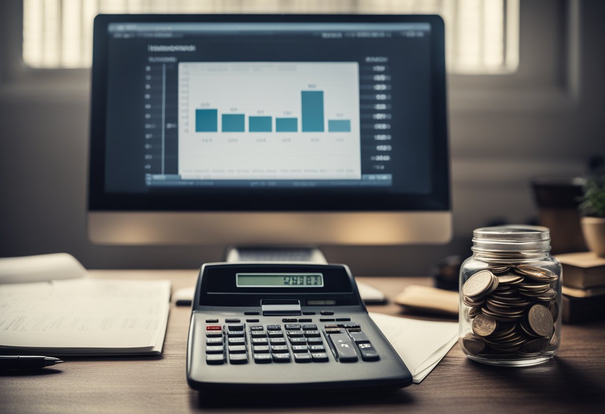 A desk with a laptop, calculator, and financial documents. A graph showing income growth over time. A piggy bank and investment books