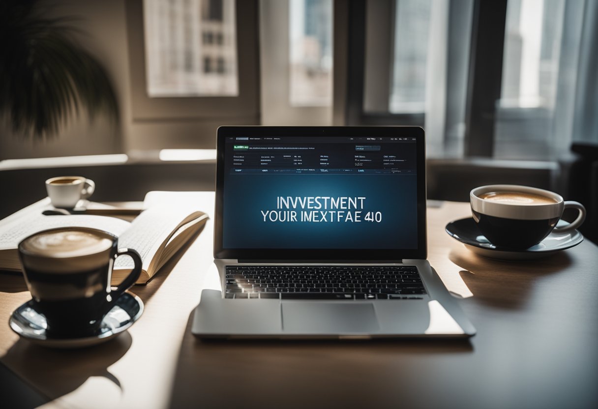 A desk with a laptop, financial charts, and a cup of coffee. A book titled "Investment Strategies Maximizing Your Income After 40" is open to a page listing 10 strategies