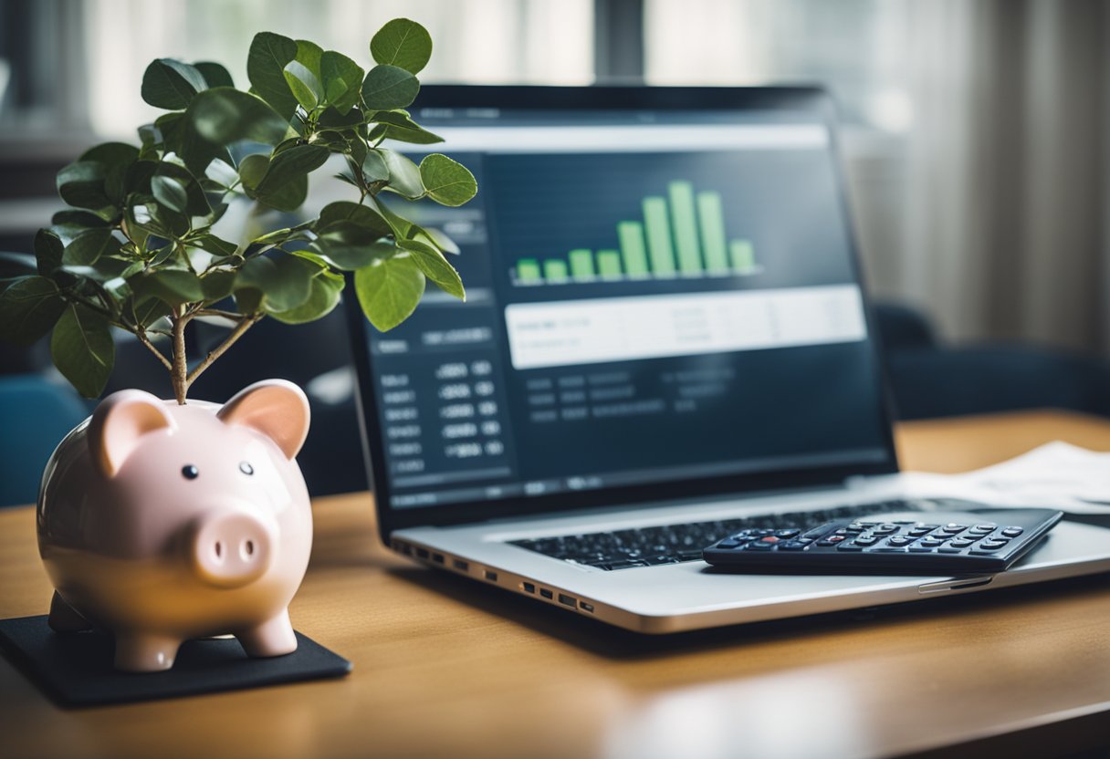 A desk with a laptop, calculator, and financial documents. A graph showing increasing income. A piggy bank and money tree in the background