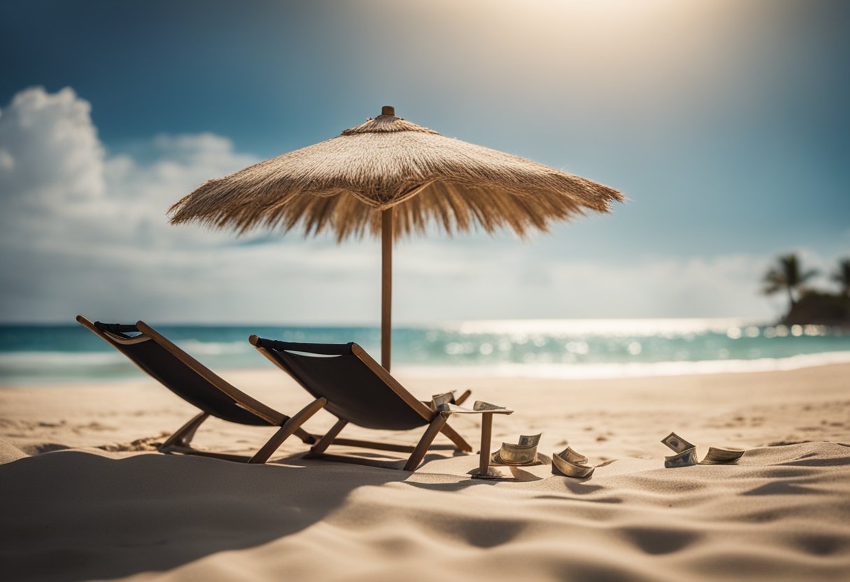 A tranquil beach with a palm tree, a hammock, and a stack of money under a parasol. Waves gently crash on the shore, symbolizing passive income