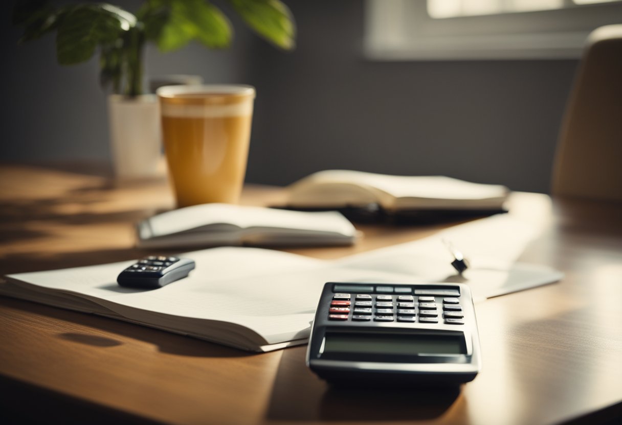 A serene, sunlit room with a large wooden desk. On the desk, a notebook and pen sit next to a calculator and financial documents. A cup of coffee steams gently as the owner carefully plans their financial future