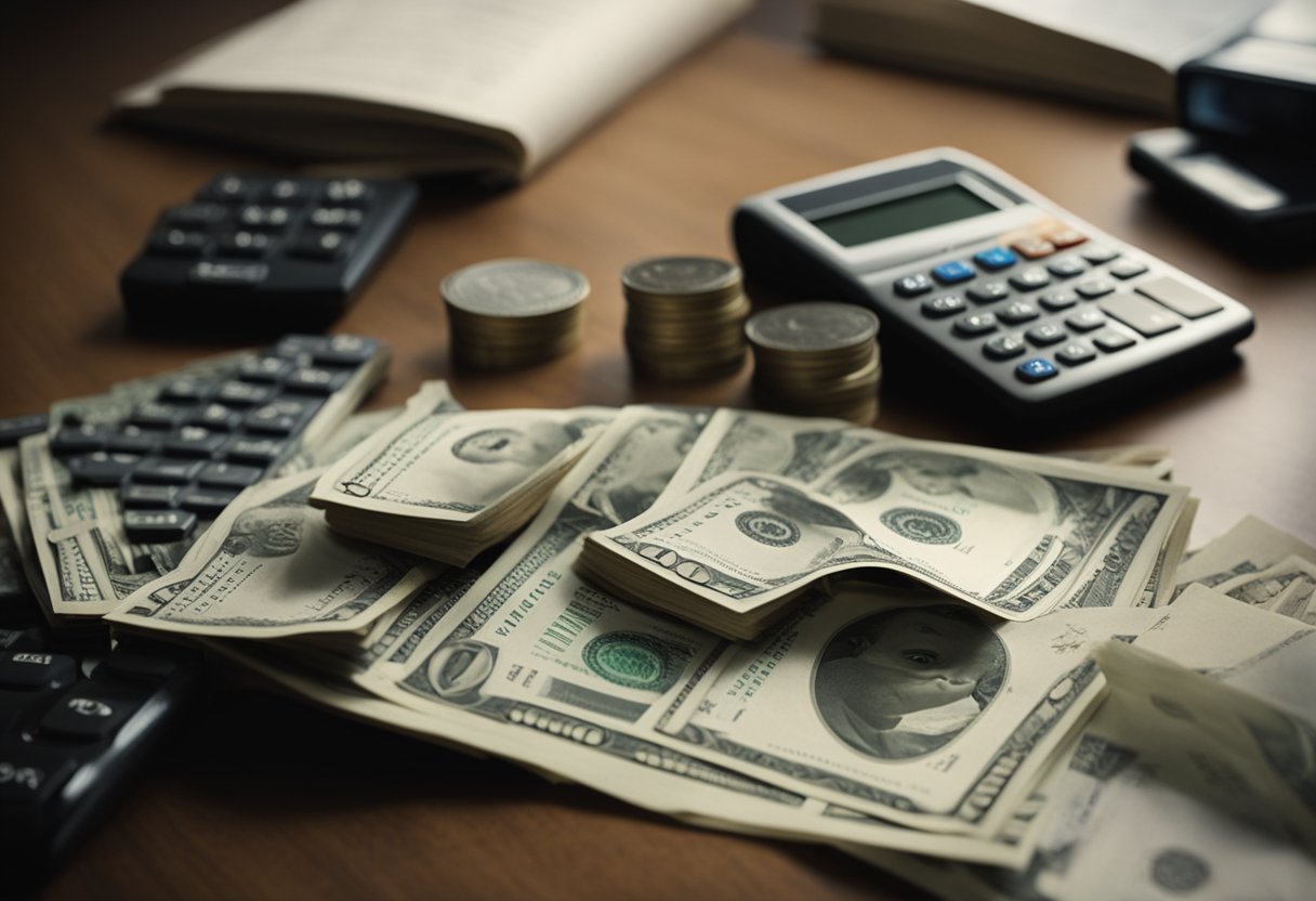 A stack of money sits on a table, with a calculator and financial documents scattered around. A graph shows steady growth. A book titled "How To Live Off the Interest of $1 Million" is open nearby