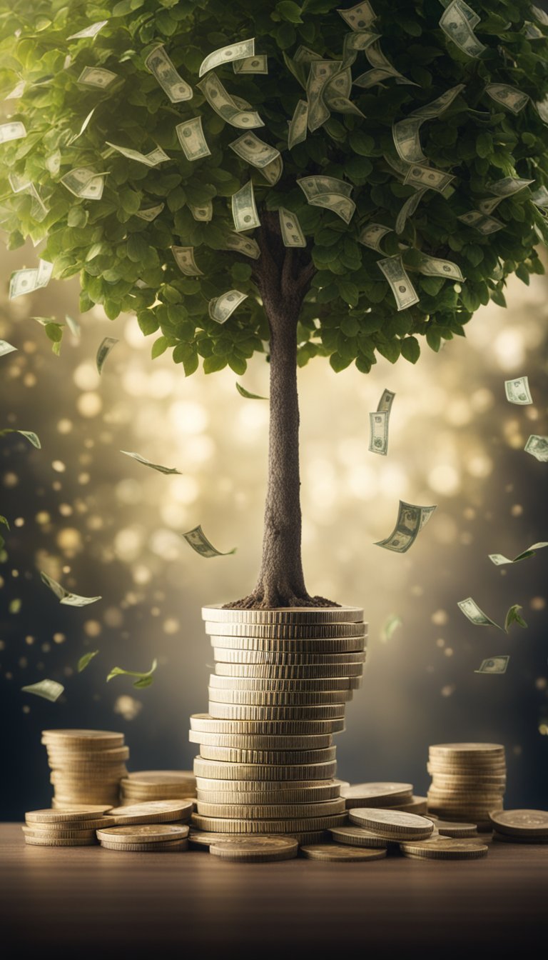 A tree growing steadily taller over 20 years, with money symbolizing passive income growing alongside it, representing a hedge against inflation