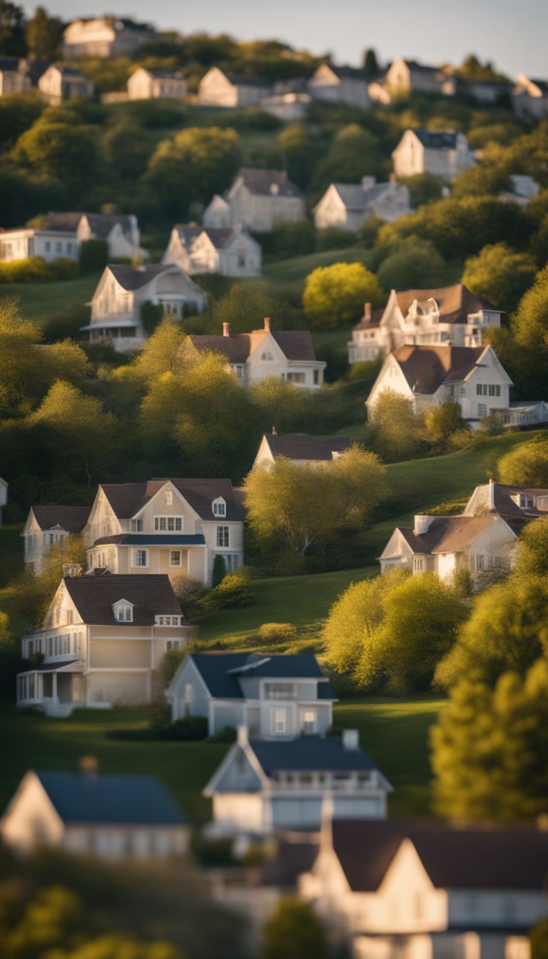 A serene landscape with a diverse portfolio of income-generating assets, such as real estate, stocks, and bonds, steadily accumulating wealth over two decades