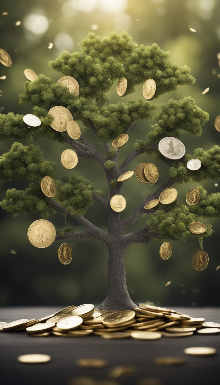 A family tree growing tall, with branches representing different streams of passive income. Coins and dollar bills raining down, symbolizing wealth accumulation over time