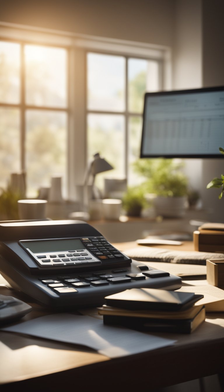 A serene, sunlit room with a desk, calculator, and financial documents. A vision board displaying "Retirement Goal: $100,000 a Year Income" hangs on the wall