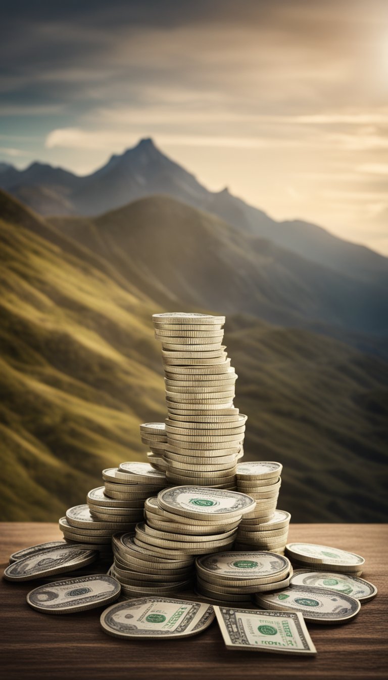 A stack of money growing into a mountain, with a path leading to a sign reading "Retirement Goal: $100,000 a Year Income"